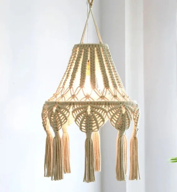 Abat-jour Suspension Macramé Bohème - Tressé Main En Coton Beige (30x80cm) - Neuf